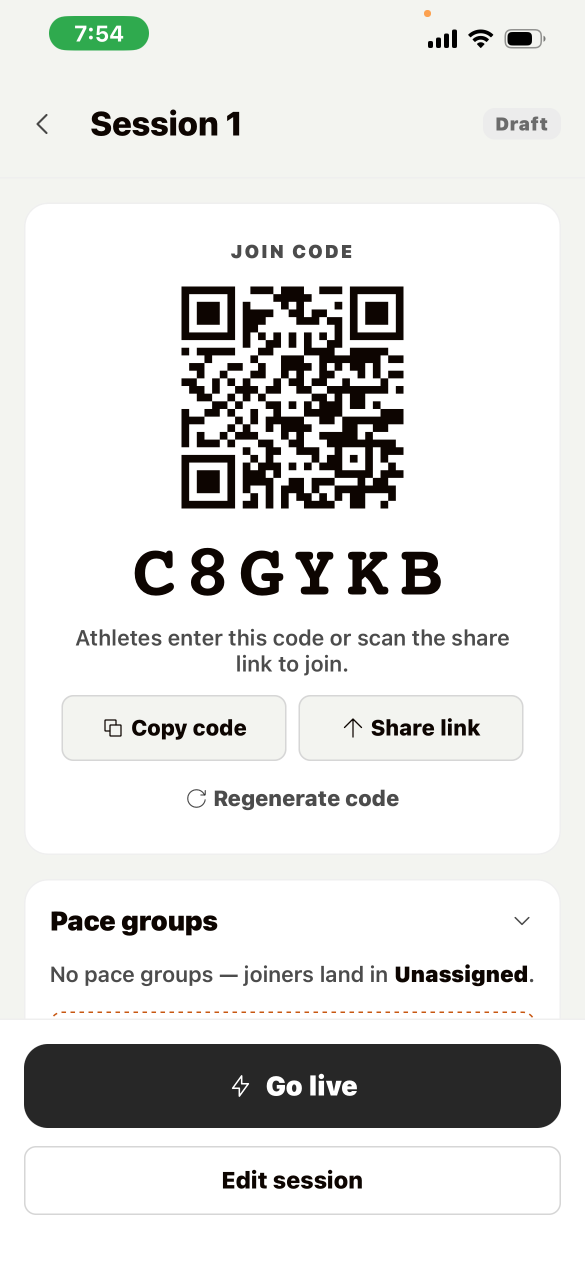 Velocity Coaching Room join screen — QR code and 6-character join code