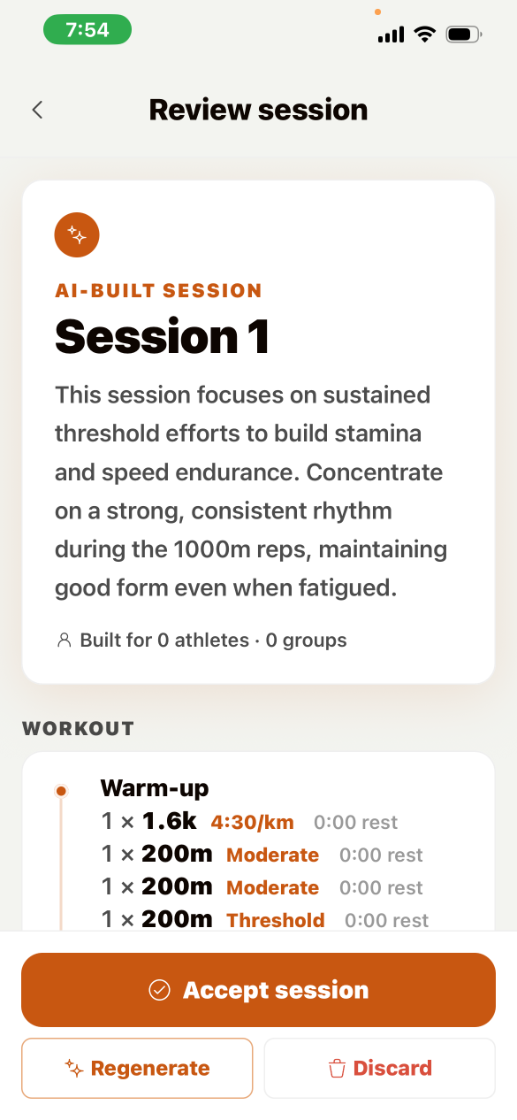 Velocity session review — AI-built session with workout reps and Accept, Regenerate, Discard actions